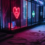 Neon sign with a red heart in a brothel next to a neon green cross of a pharmacy on a dark, snowy Moscow street.